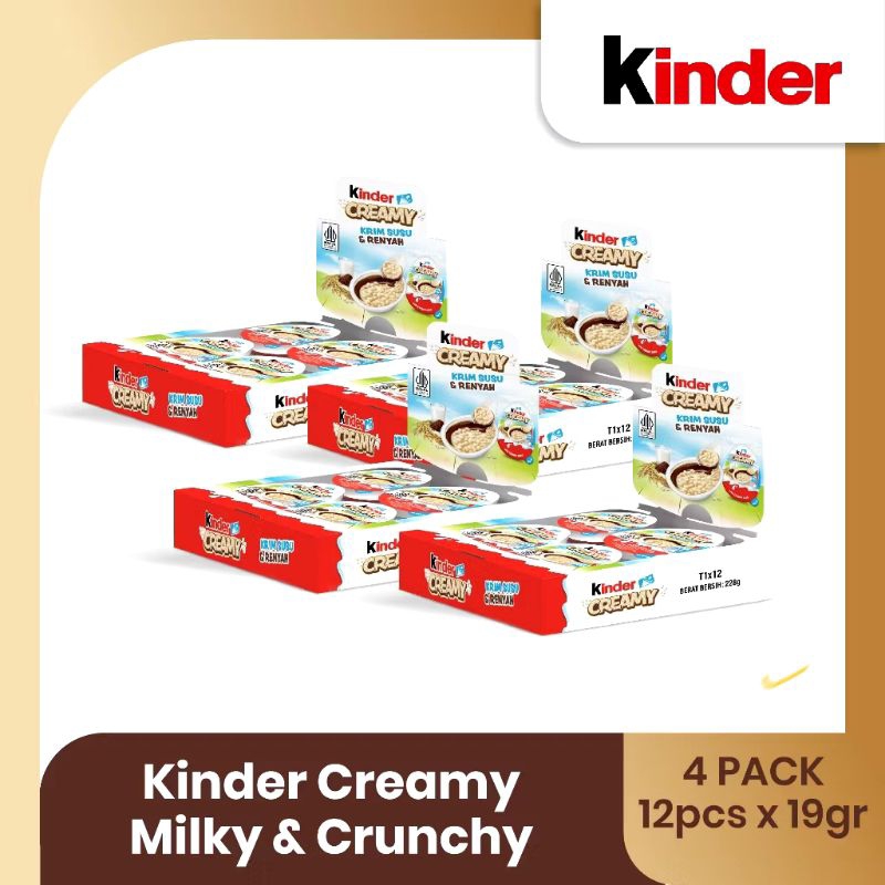 

KINDER CREAMY krim susu & Renyah 19 gram ( 1 Box isi 12 pcs) coklat Crunchy )