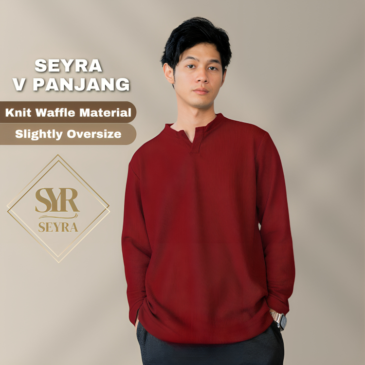 Seyra - Kaos Atasan Pria Lengan Panjang Bahan Uniqlo Waffle Knit Kerah V Neck