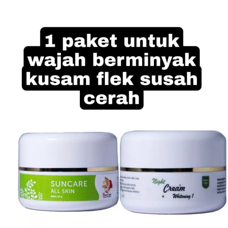 PAKET UNTUK WAJAH BERMINYAK FLEK KUSAM DAN SUSAH PUTIH ( Suncare All Skin + Night Cream Whitening 1 