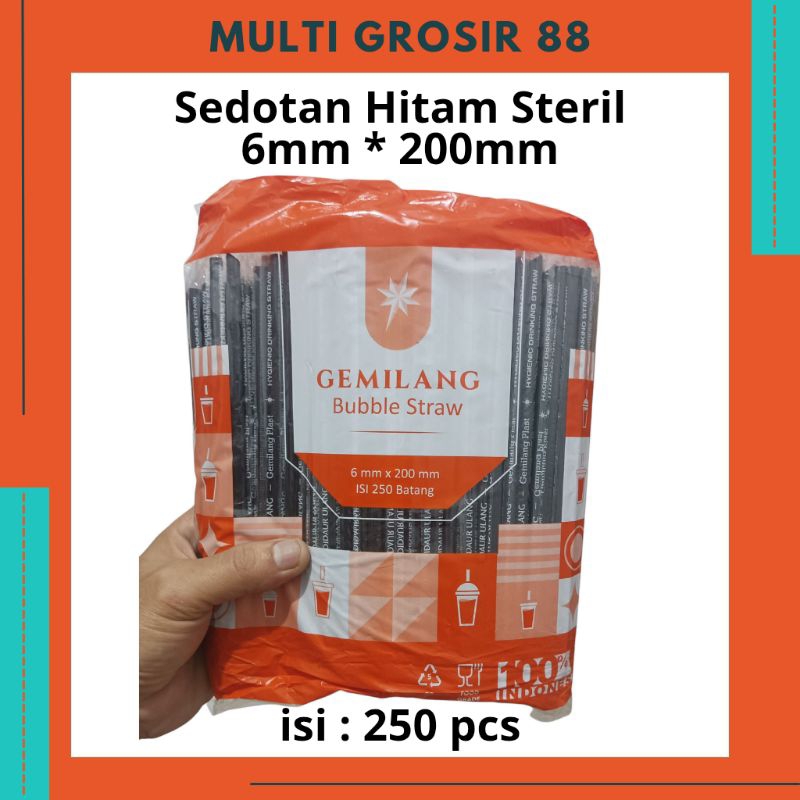 MG88 250 Pcs Sedotan Hitam Warna Steril Kopi Es Teh Jumbo Ujung Lancip Bubble Straw 6mm 20cm isi 250