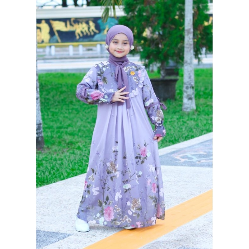 ENDEMANDA Gamis Anak ceruty Baby doll satu set pashmina bahan adem motif bunga cantik