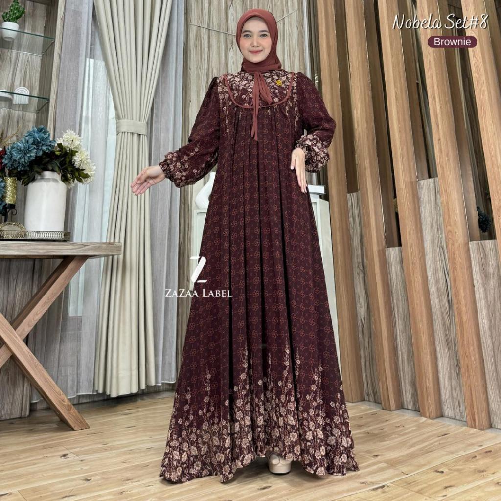 Zazaa Label - Nobela Set Gamis dan Hijab Motif Bunga Wanita Mewah Ceruty