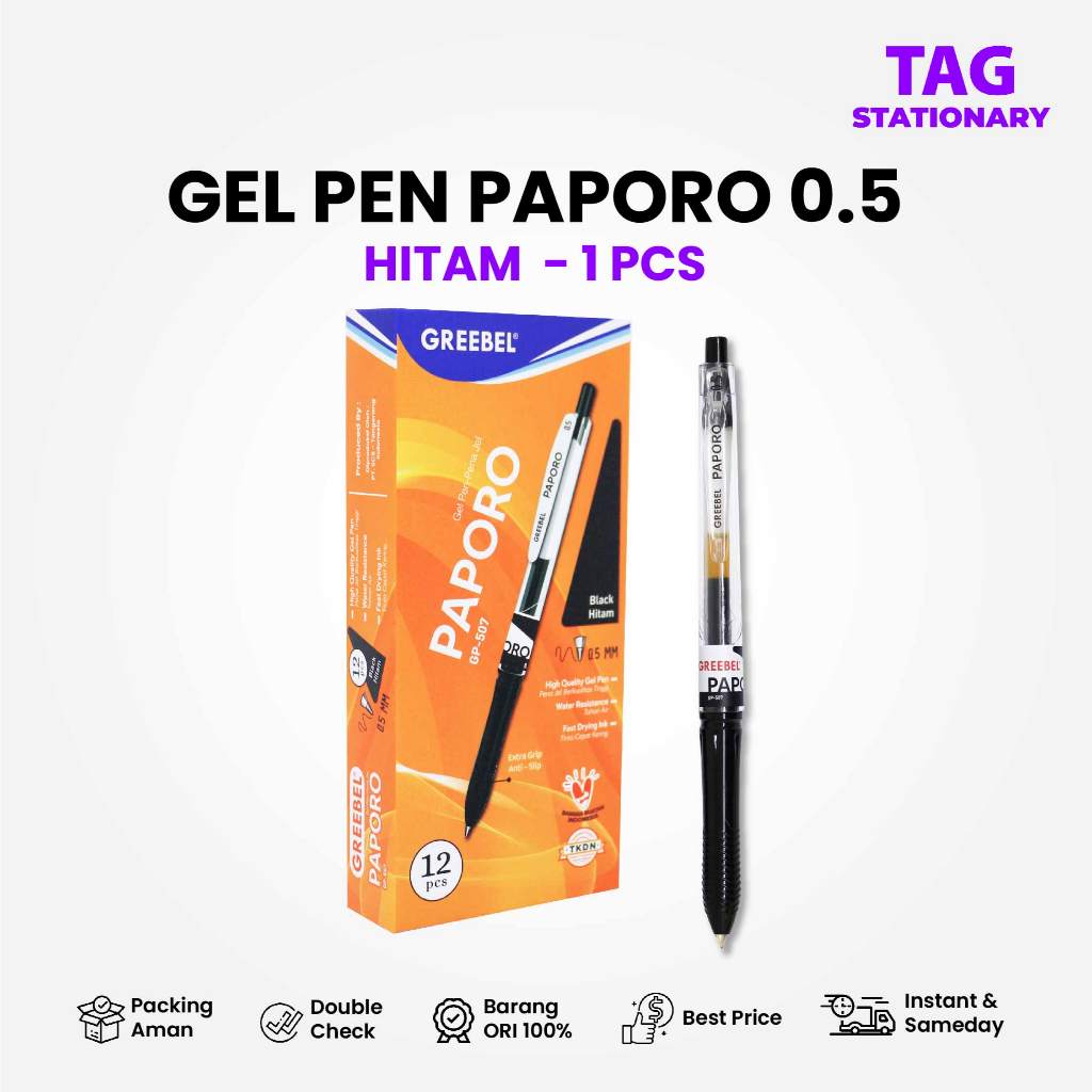 

GREEBEL PULPEN GEL / GEL PEN GP-507 PAPORO Hitam 0.5 (1PCS) / Ballpen Bolpoin Bolpen Cetek