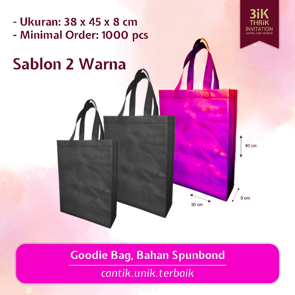 

Goodie Bag Bahan Spunbond Tas Tenteng Totebag Totbeg Totbek Custom Goodybag Sablon 2 Warna 1 Sisi 2 Sisi Estetik Simpel Elegan (Ukuran: 38x45x8 cm)