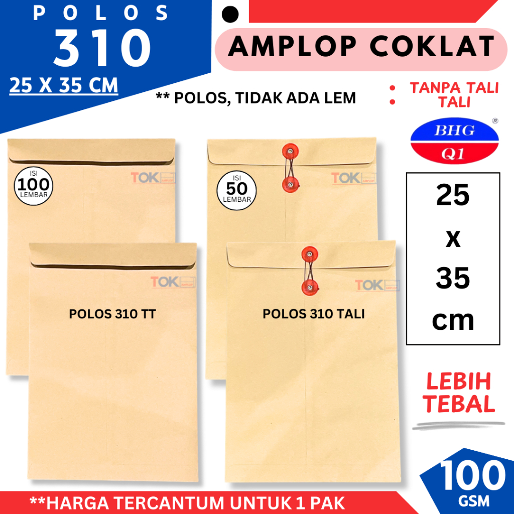 

Amplop Folio Tebal 100 GSM 25x35cm ( POLOS 310 TALI / TANPA TALI )