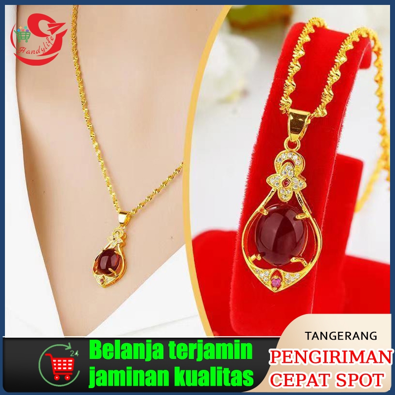 Kalung Berlapis Emas Wanita Bertatahkan Batu Alam Panjang/ Liontin Permata Merah Delima