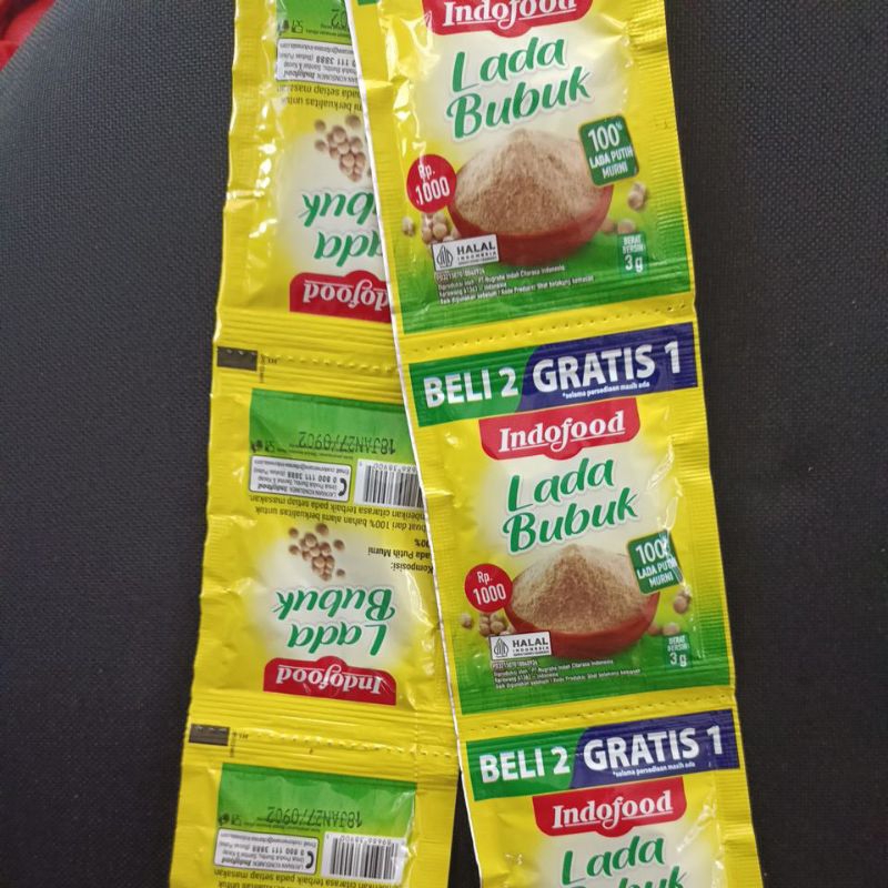 

(1 renceng isi 18 pcs) indofood lada bubuk 3gr