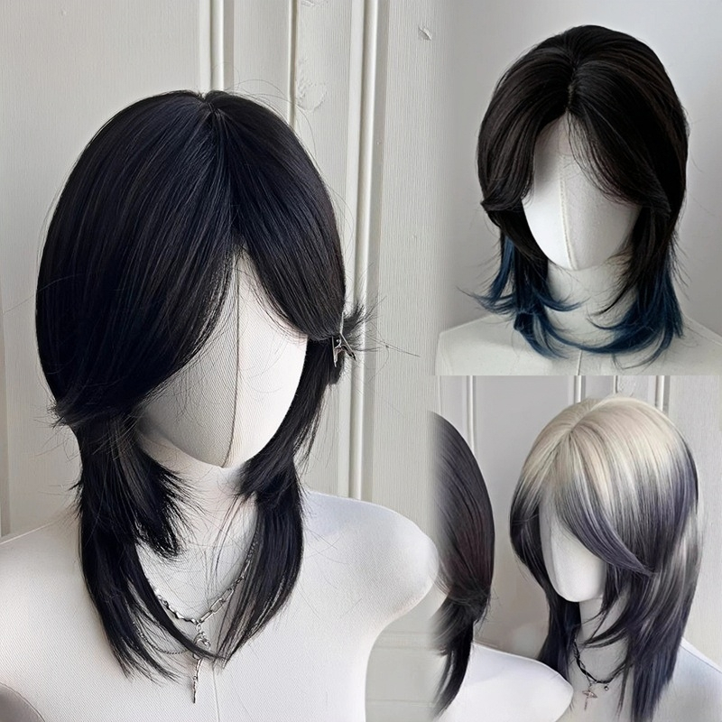 Wig Wolfcut Wig Rambut Pria Rambut Palsu Wanita 2 Warna Wig Pria Wig Rambut Pendek Wig Wanita Full K
