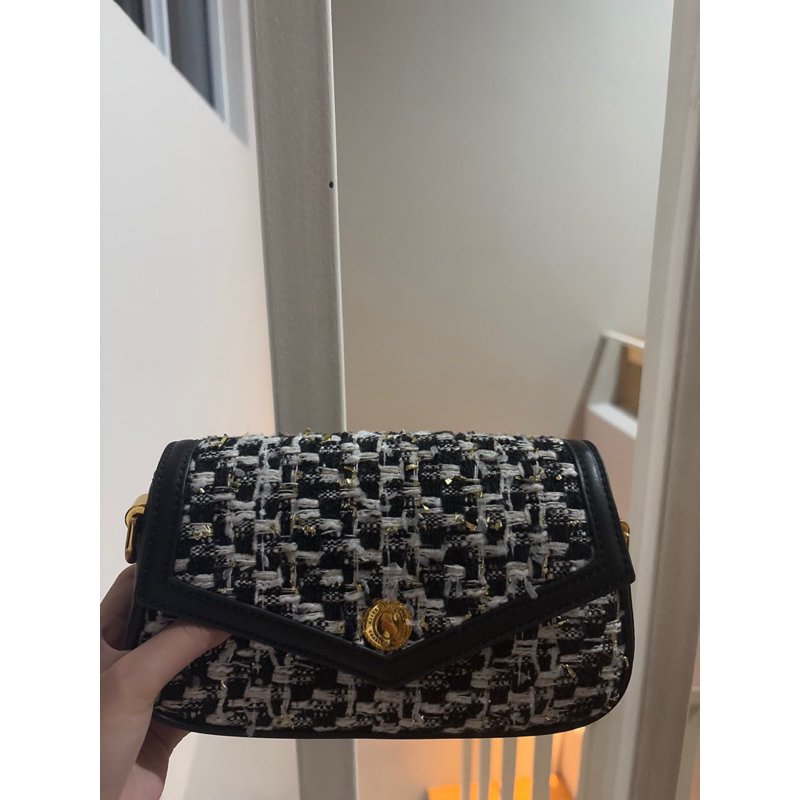 Charles & Keith Este Tweed Chain Handle Bag - Black