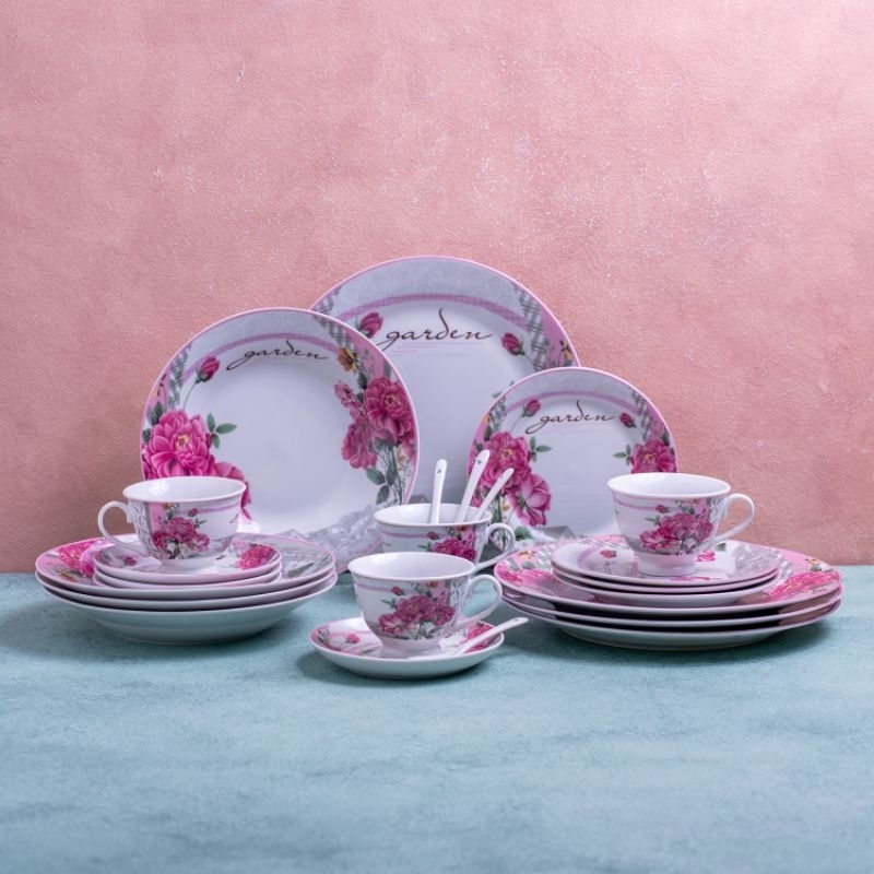 Perlengkapan makan keramik set shabbychic/ Dinner set fiorenza isi 24 pcs flower garden pink