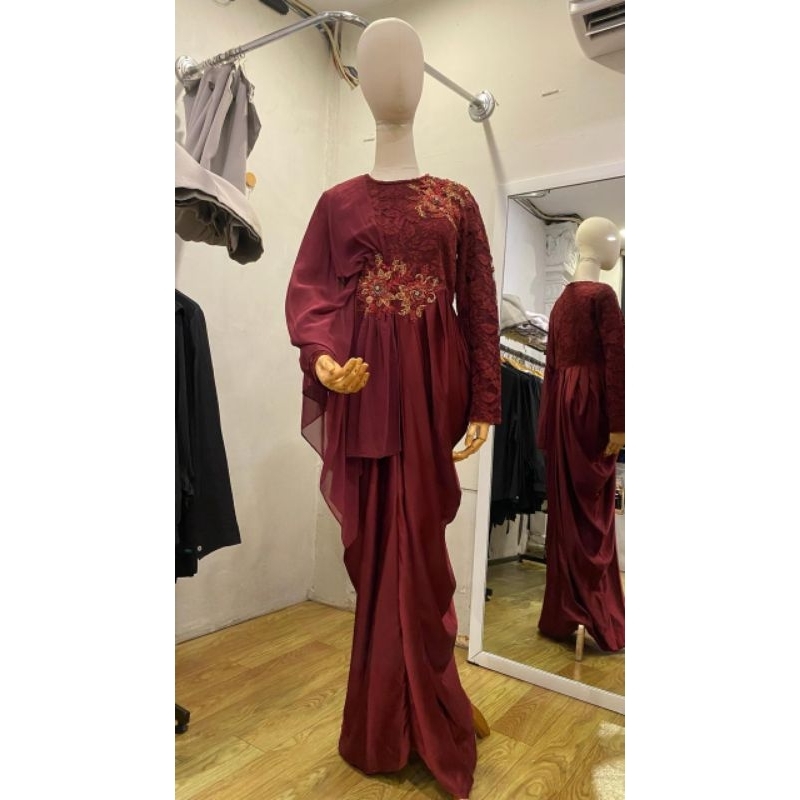 Kaftan Gamis Long Dress PL Wanita Satin Silk Lace Brukat