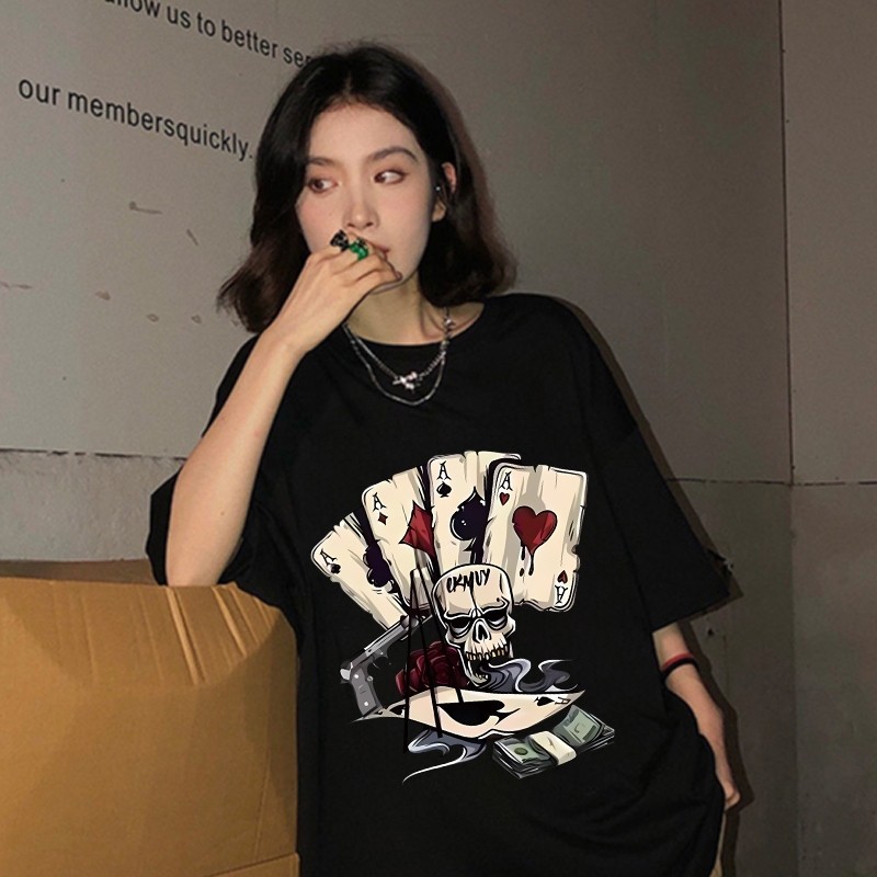 Kaos Pria T-shirt Baju Kaos Oversize | Cetak Kartu Remi Sederhana | Vintage Longgar Kaos Hitam Pria 