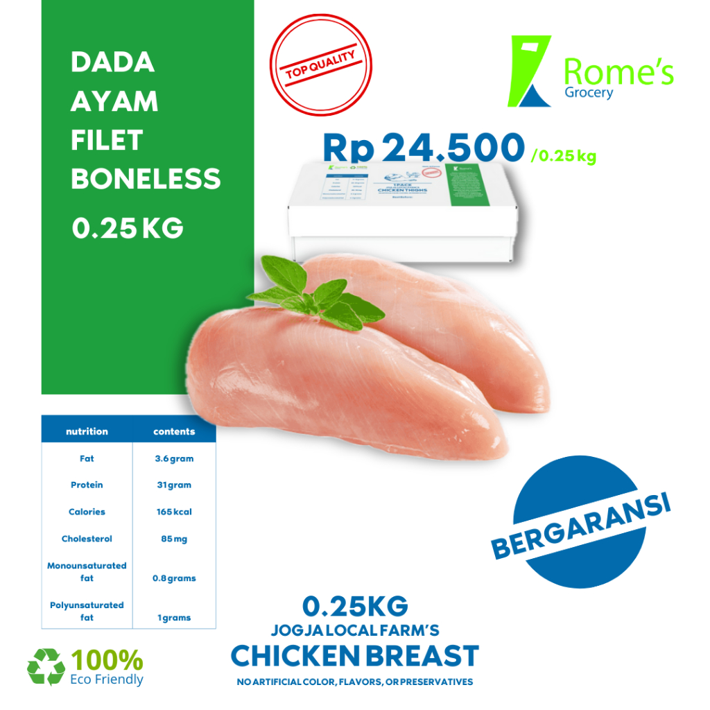 

Dada Ayam Filet Boneless | 0,25Kg | Fresh 100% | Bergaransi | Rome's Grocery