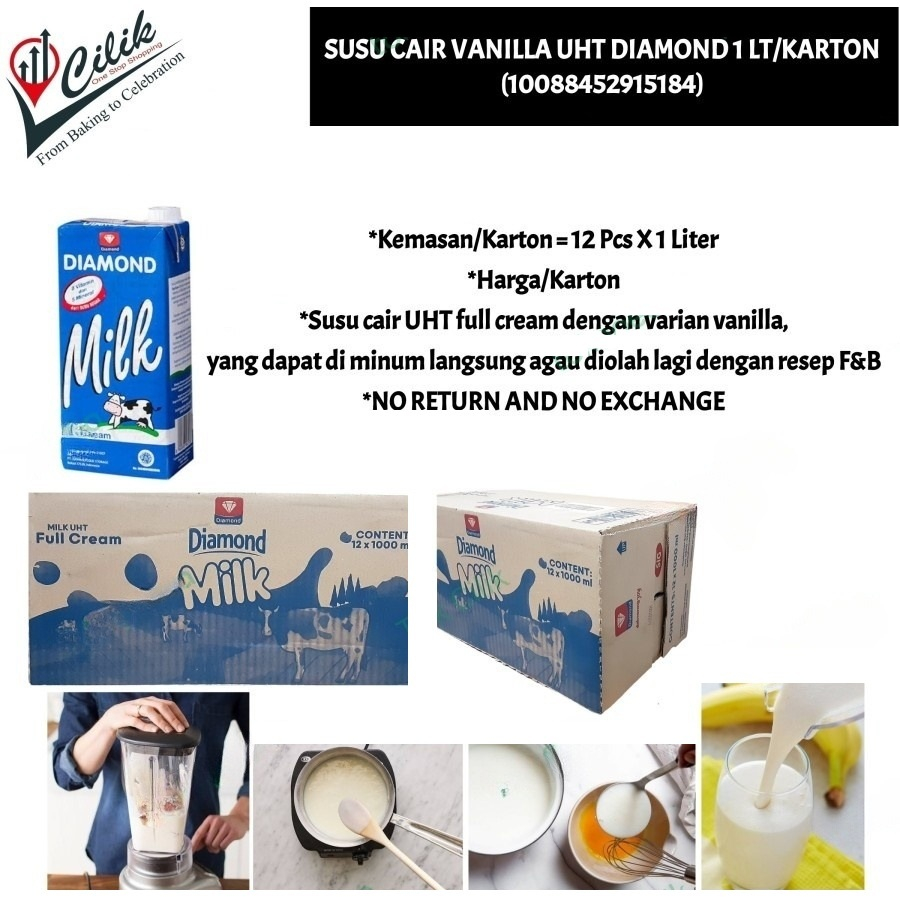 

susu+cair+full cream+uht+diamond+1liter+karton+vanilla+putih+bahan