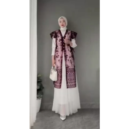 Gamis Brokat Motif Etnik Outer Olla Long Vest Tunik Rok Tutu Pakaian Wanita Elegan Simple Lebaran