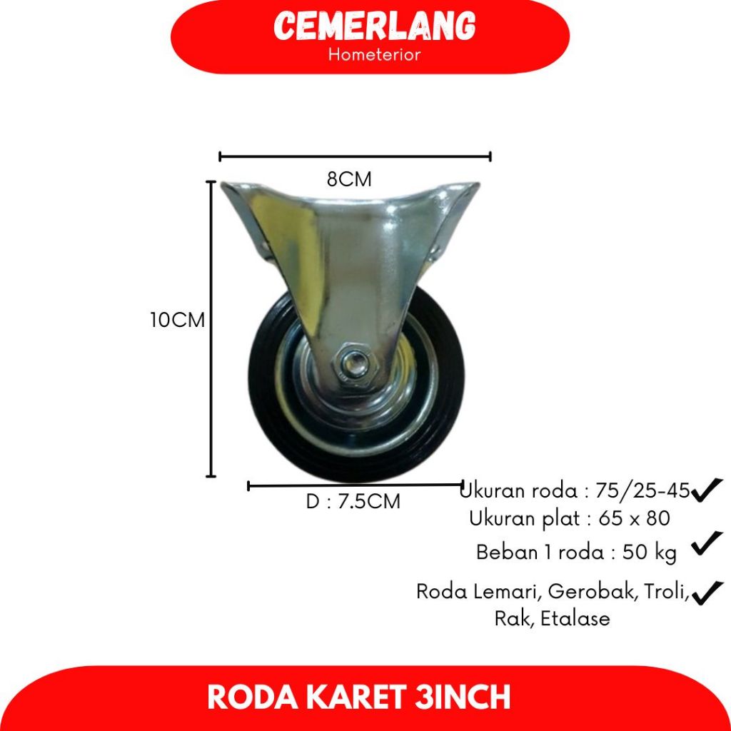 Roda Lemari Etalase 3" Mati  / Roda Troli karet etalase caster 3 inch grosir