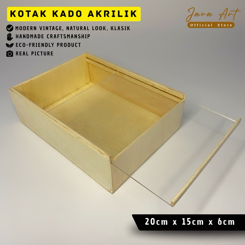 

WOOD BOX KADO KOTAK KAYU SOUVERNIR, KADO MODEL ACRYLIC TUTUP BENING UKURAN 20cm × 15cm × 6cm