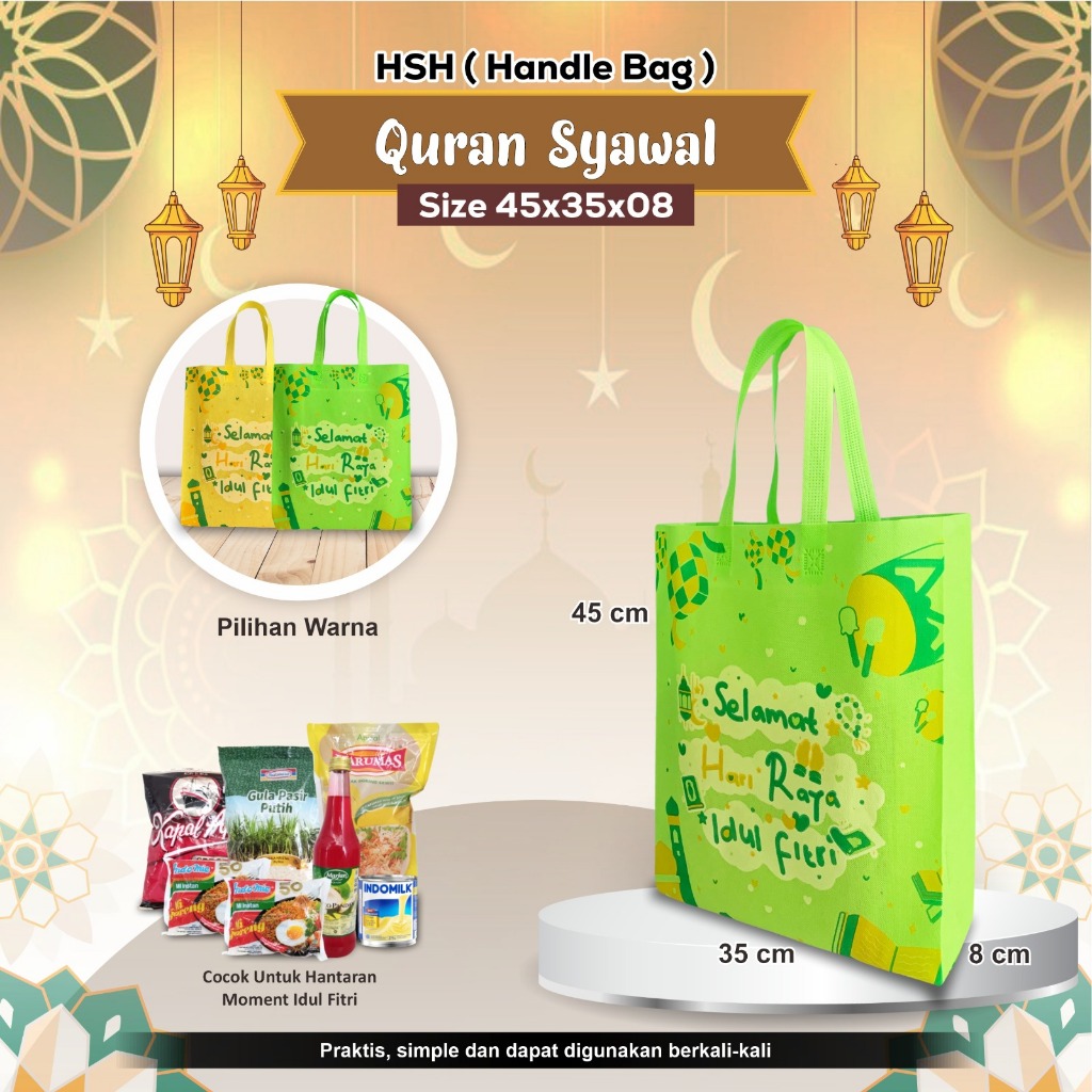 

Tas Kain Spunbond Goodie bag Idul Fitri / Tas hampers parcel Lebaran Parcel Sembako Hari Raya Ied Mubarak ukuran 45x35x08cm (45358)