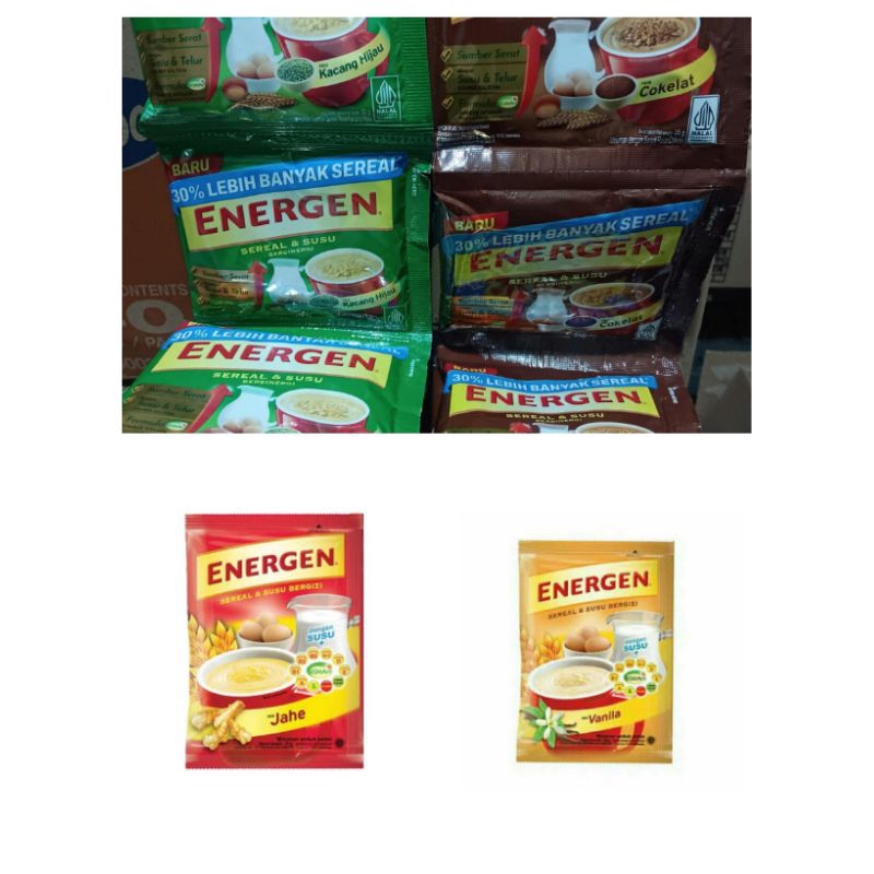 

Energen per renceng isi 10 sachet (vanilla, coklat, kacang hijau, jahe)