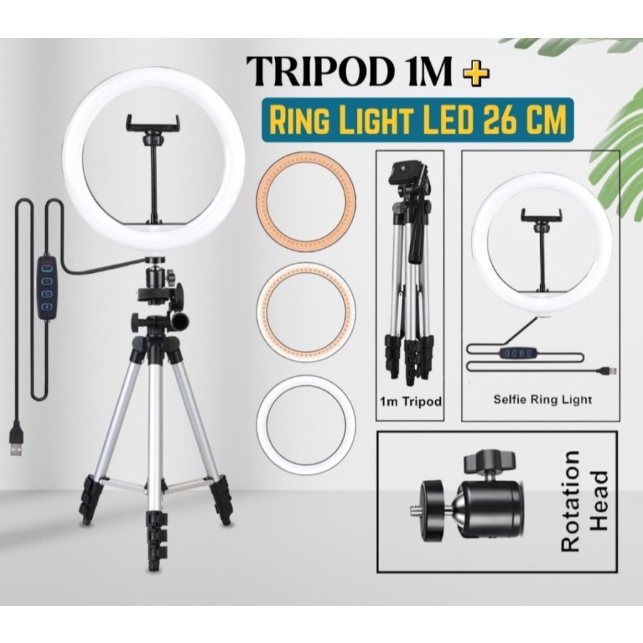 Paket Komplit Tripod 1M + Ring Light LED 26 CM Stand HP Live Stream TikTok Selfie Make Up Vlog Lampu