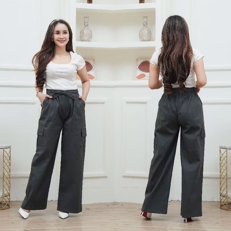 Celana Cargo Kulot Rayon Twill Wanita Katun Twill Stretch melar Highwaist Loose Korean Style