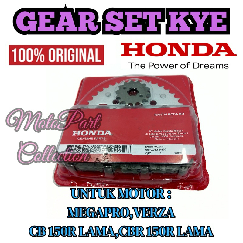 GEAR SET+RANTAI KODE-KYE Ori Honda Megapro/Verza/CB 150 R Lama Kualitas Original Honda Presisi 100%.