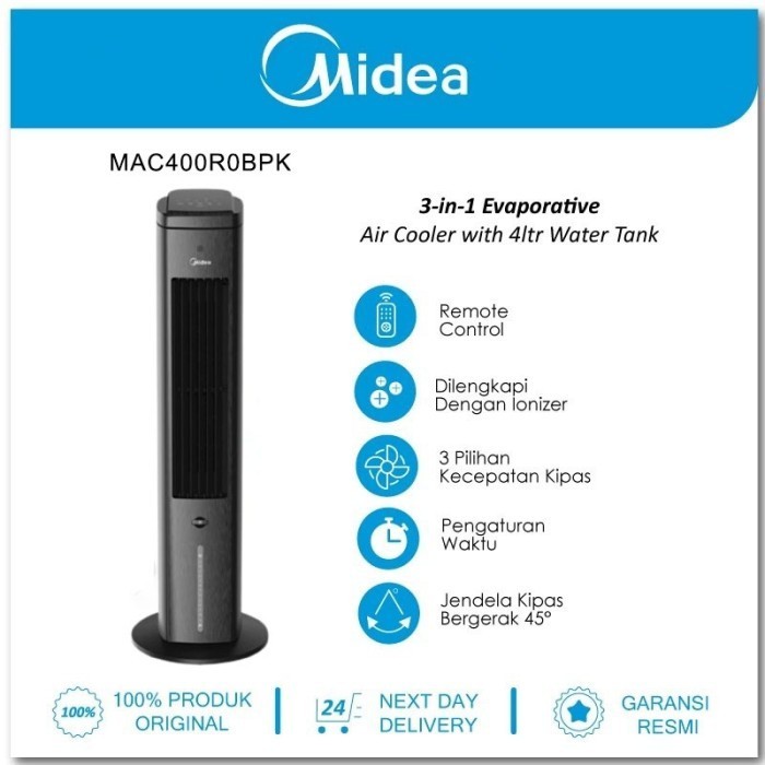 Midea Tower Fan Air Cooler 3 in 1 (4L) Ionizer Humidifer MAC400R0BPK /MAC400R0BPW
