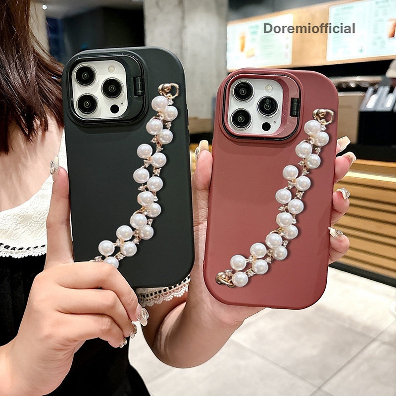 SOFTCASE FOR IPHONE 13 14 15 PLUS PRO PROMAX MACARON STAND GELANG RANTAI MUTIARA GC220 SILICONE CASE