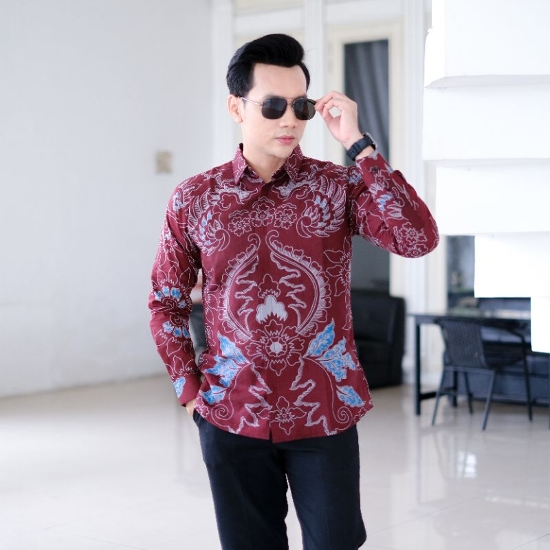 batik AS motif ASKAR merah maroon Kemeja batik pria slimfit lengan panjang pendek bahan katun premiu