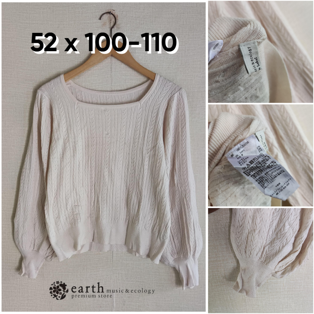 Sweater Kepang Earth Music & Ecology Ivory Size M Wanita Atasan Cewek Lengan Bal0n Outer Knit Lembut