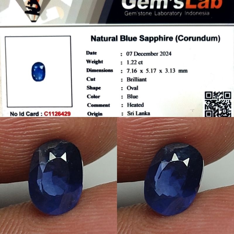 Natural Blue Sapphire Srilanka 1.22ct GLI Crystall Good Luster Gemericik