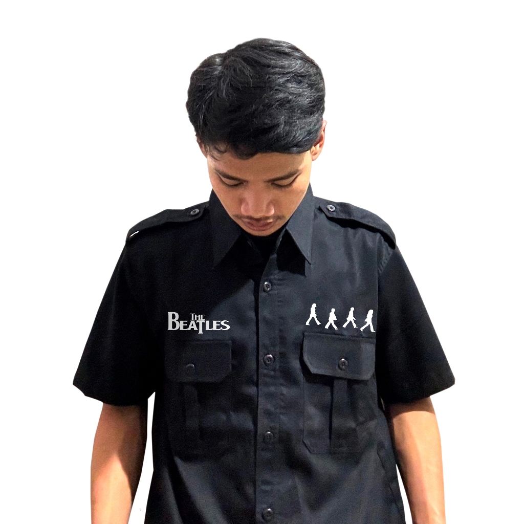 Dhoskie  Worktshirt The Beatles Vintage  | Kemeja  Lengan Pendek  Unisex | Kemeja Kerja Hitam