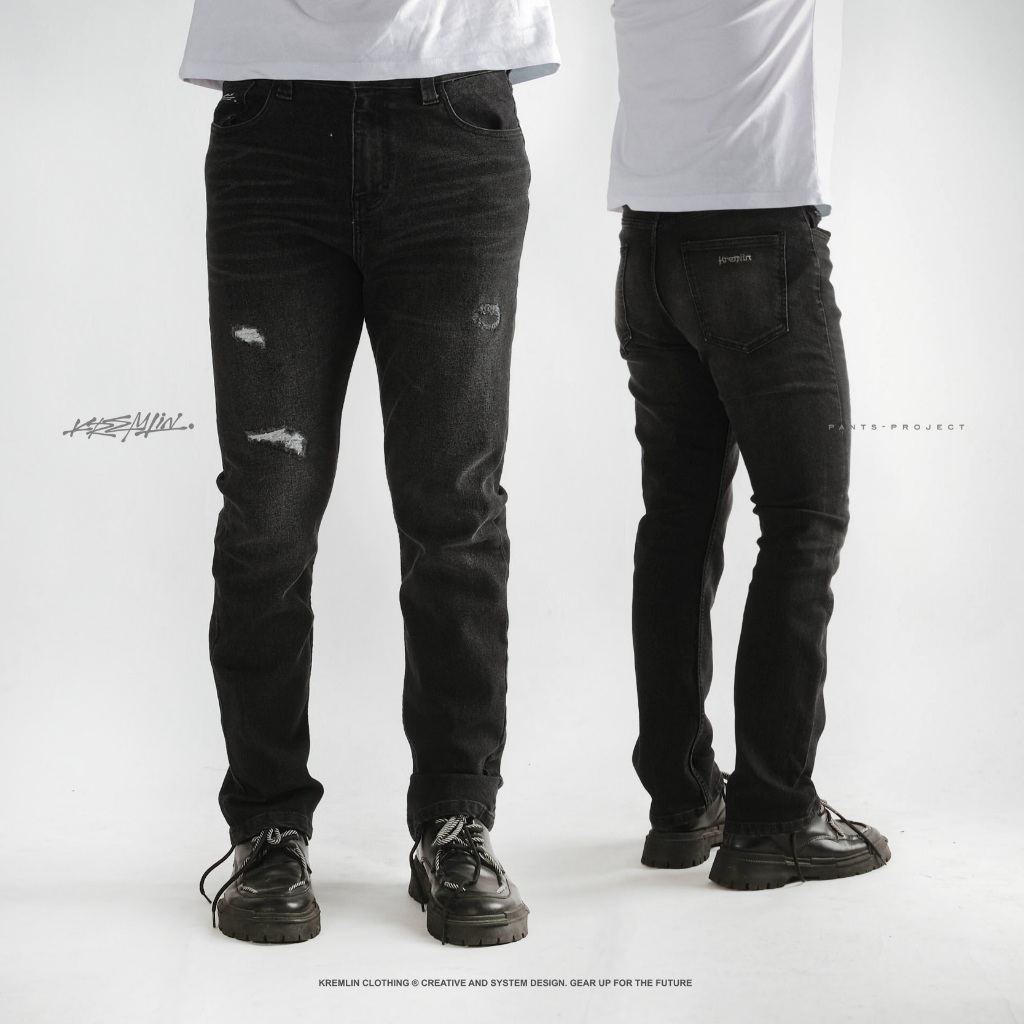KREMLIN Celana Slim Fit Jeans Ripped Denim Wash Ash Black - Sendai