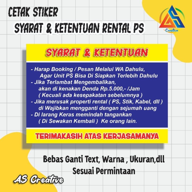 

Cetak Stiker Syarat & Ketentuan Rental PS, Stiker Rental PS, Custom Text,warna,ukuran free