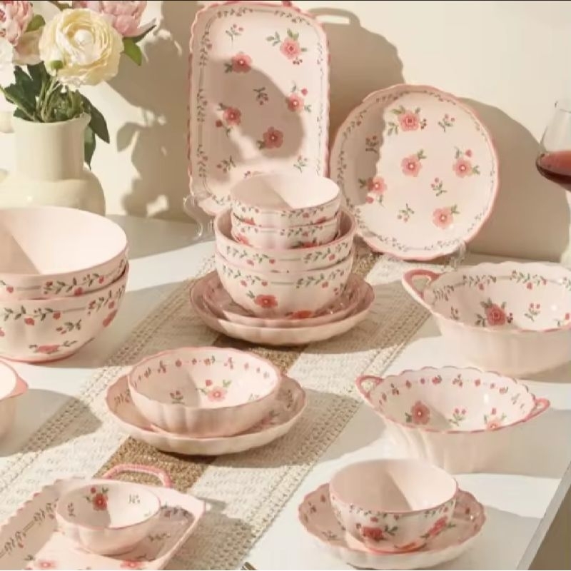 Piring estetik Keramik makan cantik pink bunga aestetik