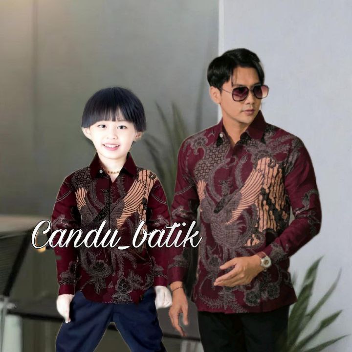 Terbaru Couple Batik Ayah dan Anak Laki-Laki Warna Burgundy || Kemeja Batik Pria Dewasa dan Anak Umu