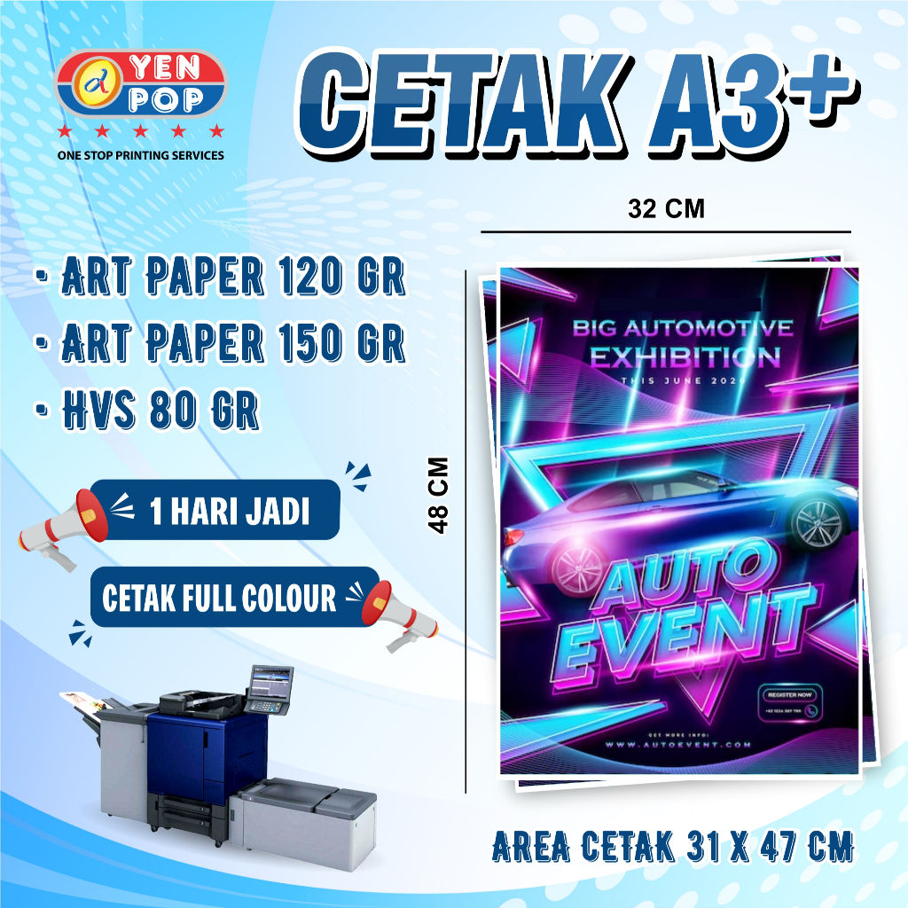 

Print A3+ | Cetak A3+ | Art Paper 120/150 gsm 1 Sisi / 2 Sisi | Laminasi / Tanpa Laminasi