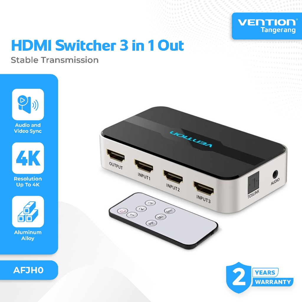 Vention HDMI Switcher 3 in 1 Out With Audio Separation 3 port 4K 1080P Toslink Aux out - AFJH0