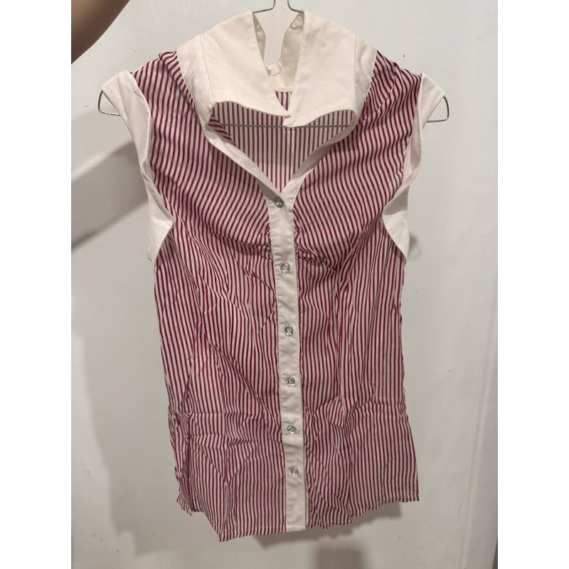 Blus Vintage Chic - Motif Garis Merah Putih, Kancing Kristal