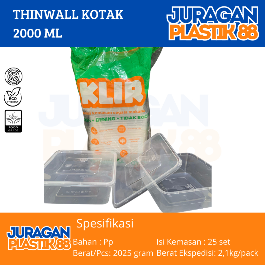 Thinwall Klir 2000ml | Kotak Makan Plastik 2000ml KLIR SQUARE SQ @25set