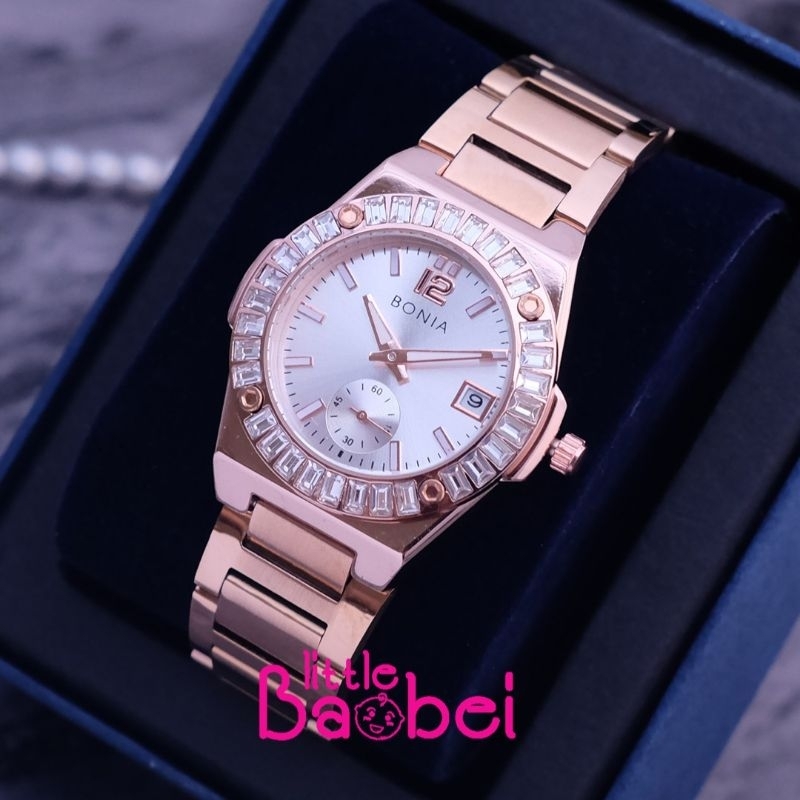 Jam Tangan Wanita Fashion Bonia Rantai kombinasi Diamond, Chrono dan Tanggal Aktif - Rosegold