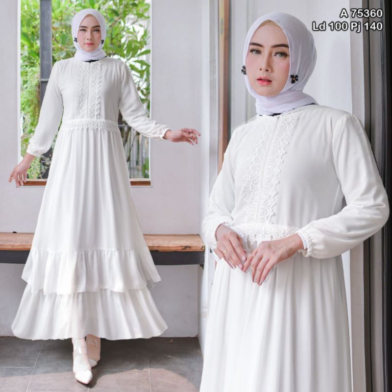 Gamis Putih 75360 Bahan Ceruty Busui LD100 PJ140 untuk Wanita Muslim - Dress, Remaja, Mewah, Dewasa,