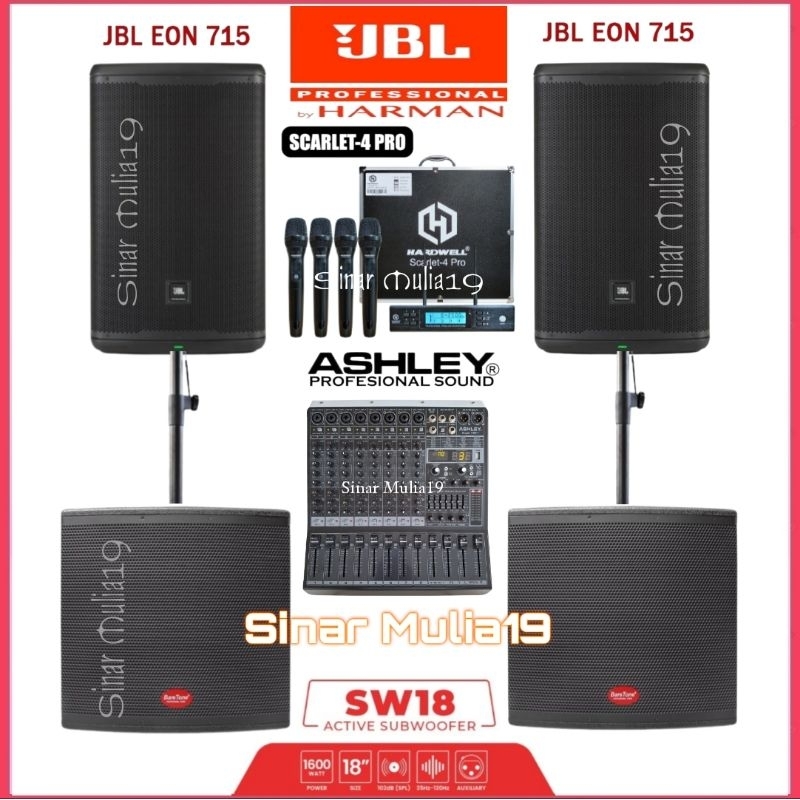 Paket Sound System Speaker 15 Inch JBL EON715 Subwoofer 18 Inch BareTone SW18 ( 2 Unit) Mixer Ashley