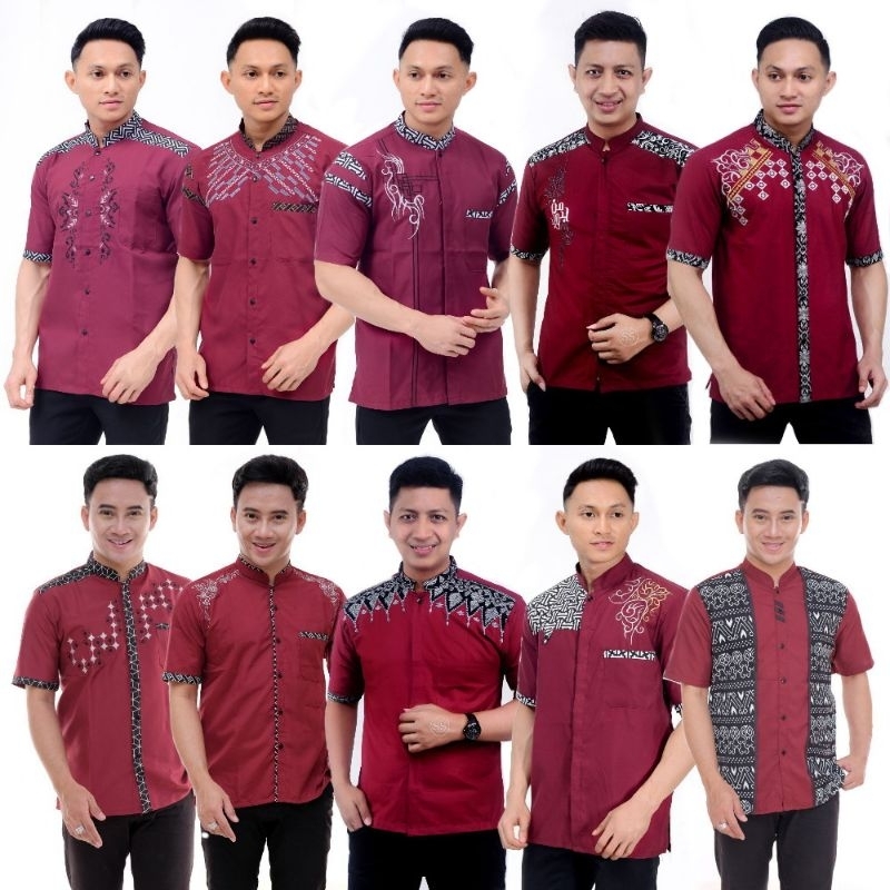 Baju Koko Pria Katun Lengan Pendek Warna Merah Maroon Motif Batik