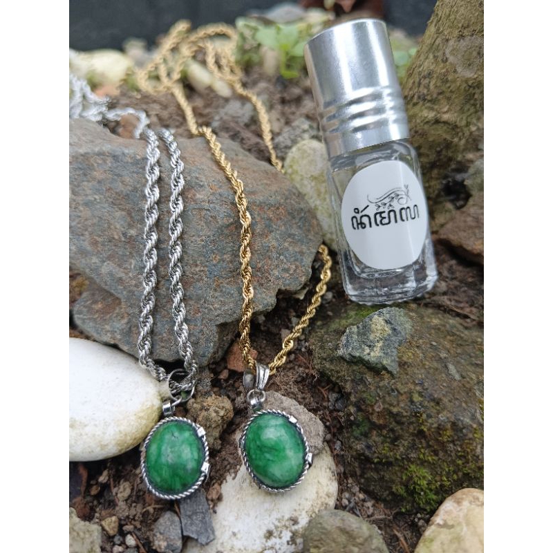 Kalung Titanium Liontin Batu Giok Aceh Asli Bio Energy Terapi & Keberuntungan Bersertifikat Fengshui