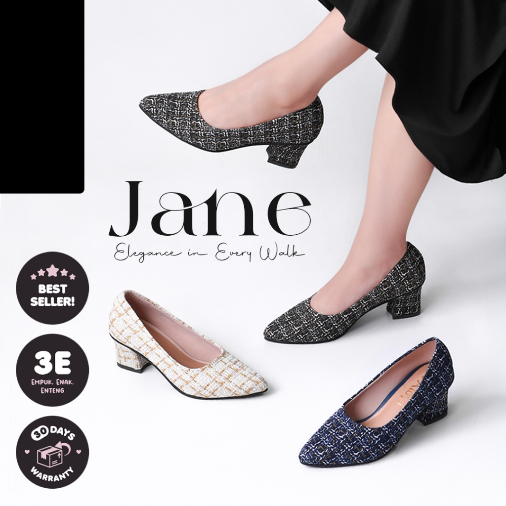 Alivelovearts Jane Pantofel Tweed Korea Heels 5cm Sepatu Runcing Wanita Kerja Hak Tahu Korea