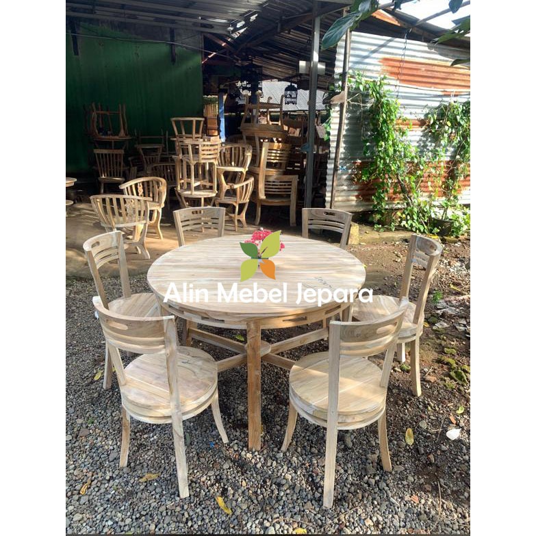 Set Meja makan bulat bundar 6 Kursi, Set kursi makan Jati