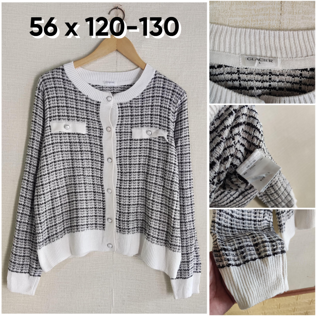 Cardigan Glacier Hitam Putih O Neck Size L Knit Tweed Wanita Atasan Cewek Outer Premium JH607