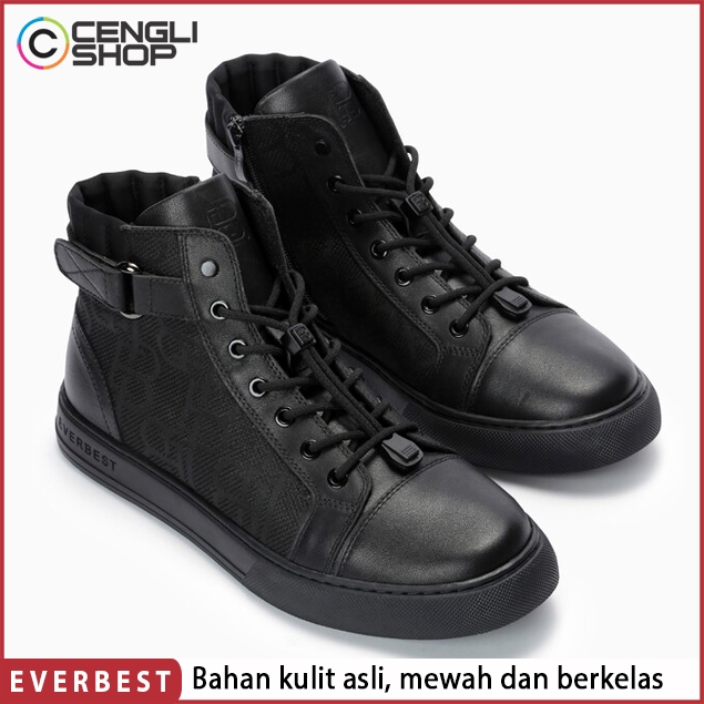 SEPATU EVERBEST SNEAKER BOOT PRIA ORIGINAL SNEAKERS BOOTS KULIT ASLI ORI ALL FULL BLACK HITAM POLOS 