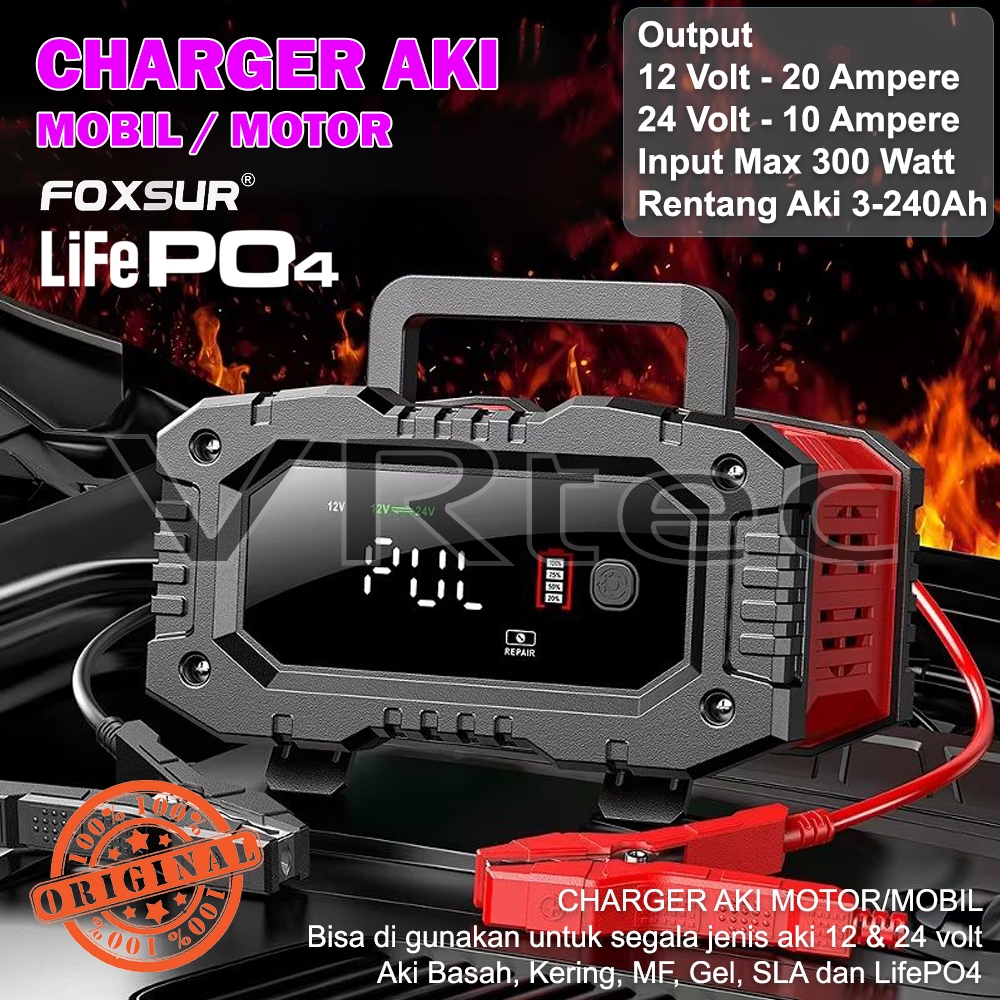 FOXSUR Smart Charger Aki 12V-20A 24V-10A 300W LifePO4 Mobil Motor FPT-200